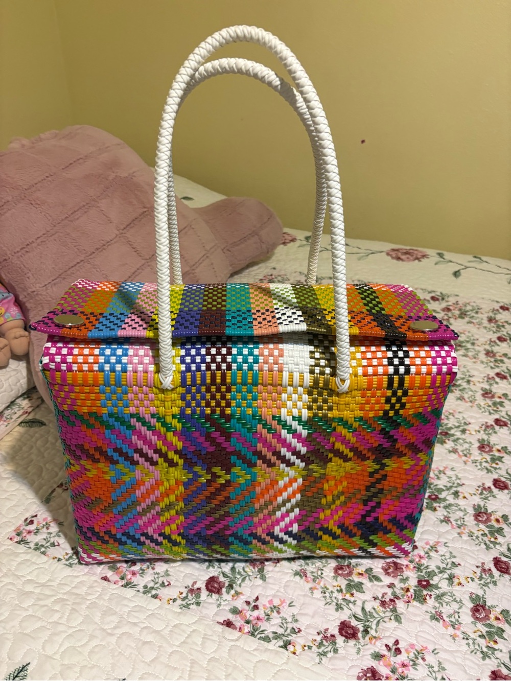 Multicolor Woven Tote Bag with White Rope Handles